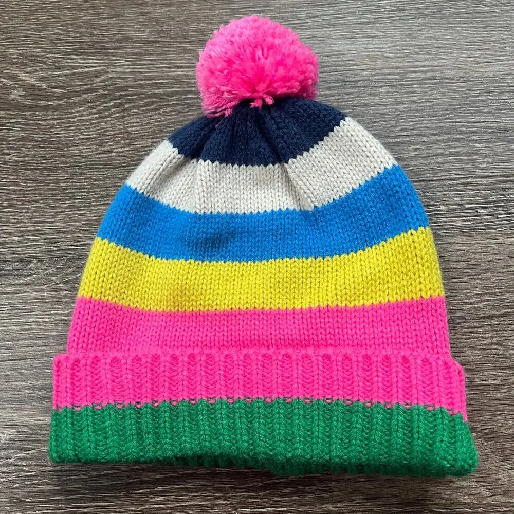 NWT Boden Kids Colorful Striped Beanie Pink Pom-Pom 9-12Y Kidcore Rainbowcore